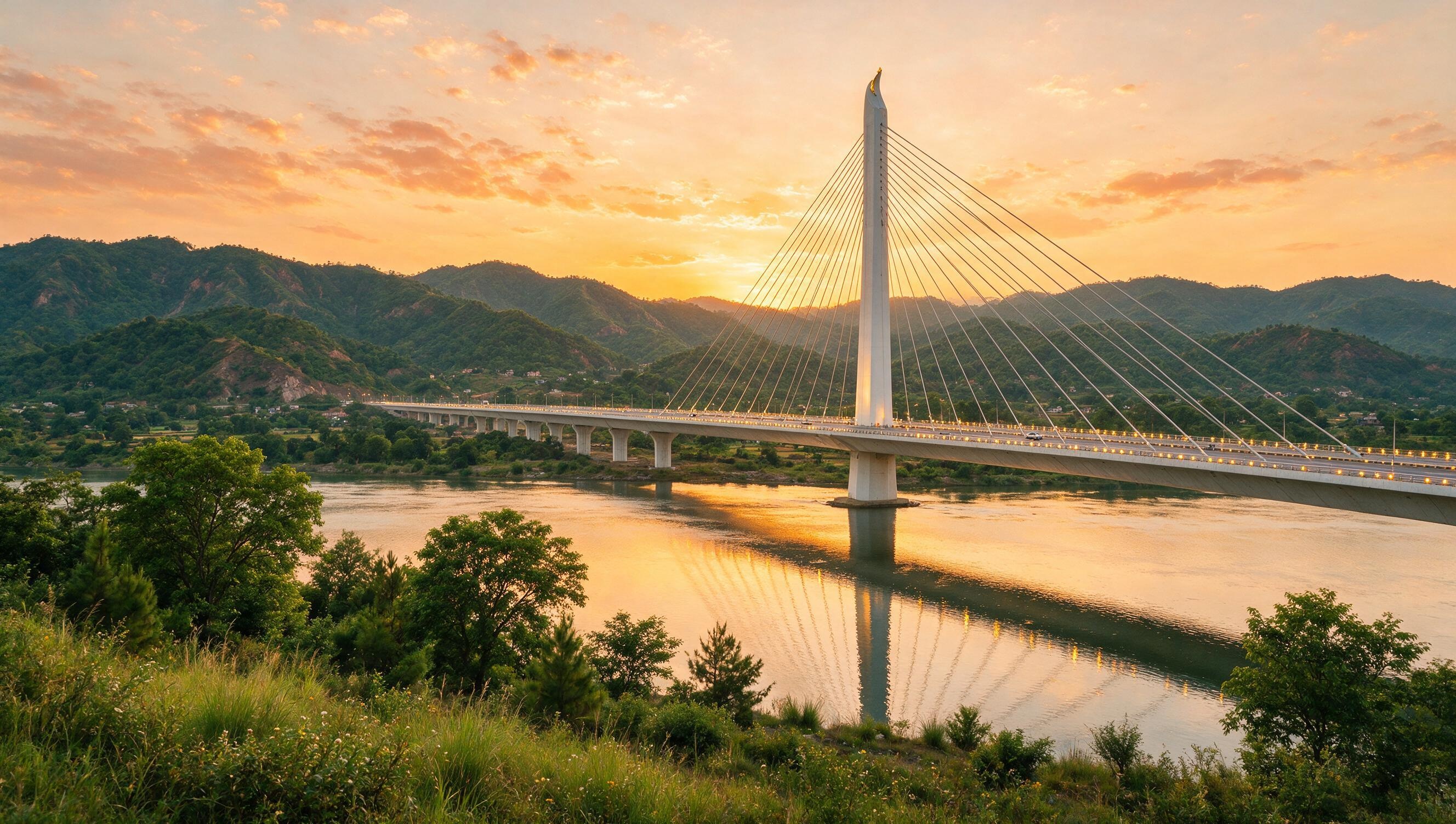 Atal Setu cable-stayed bridge at sunset with Shivalik hills