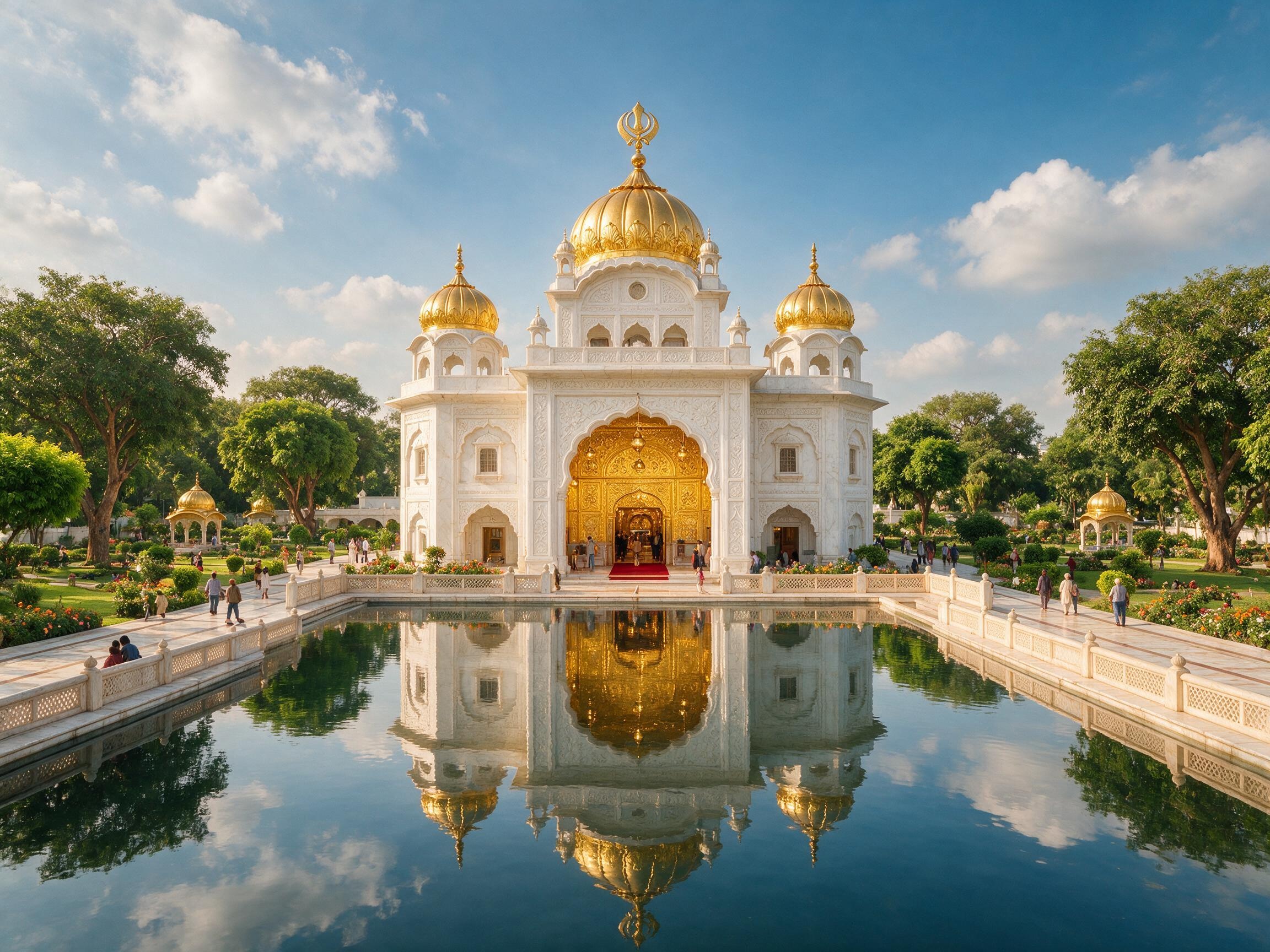 Gurdwara Sri Barth Sahib with white marble domes reflecting in water