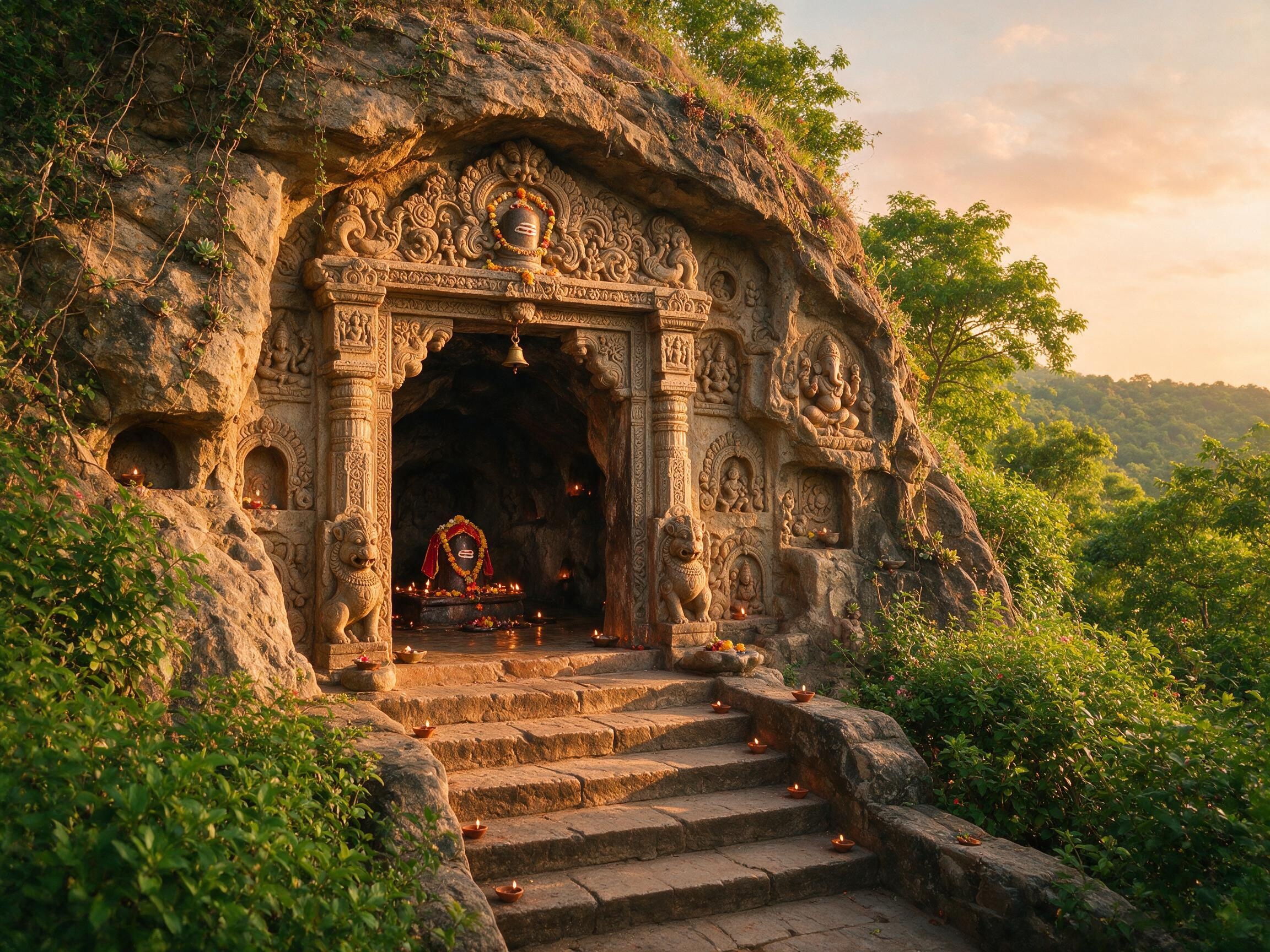 Mukteshwar Mahadev Cave Temple entrance with stone steps and carvings