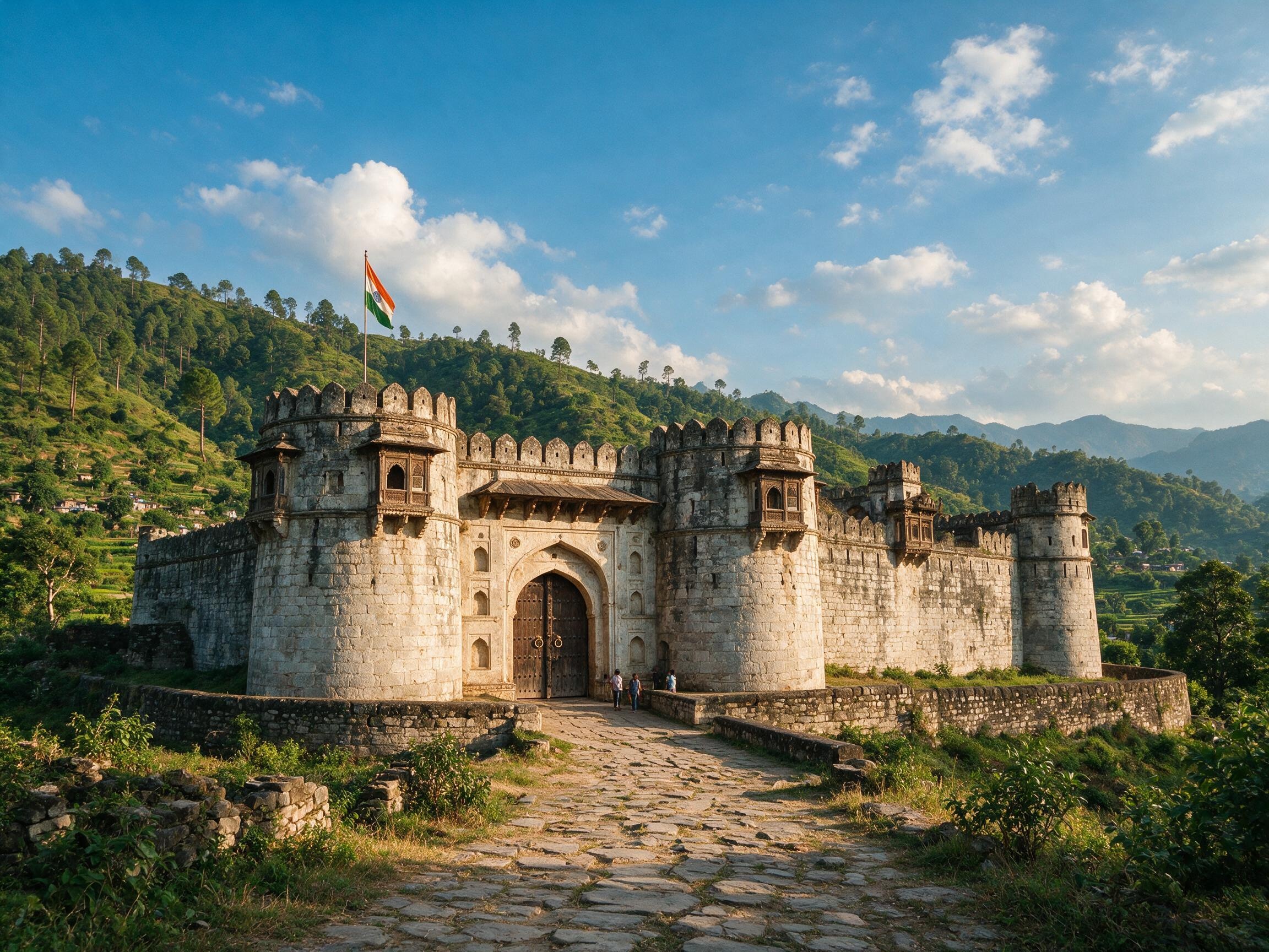 Nurpur Fort with Rajput architecture and green Shivalik hills backdrop