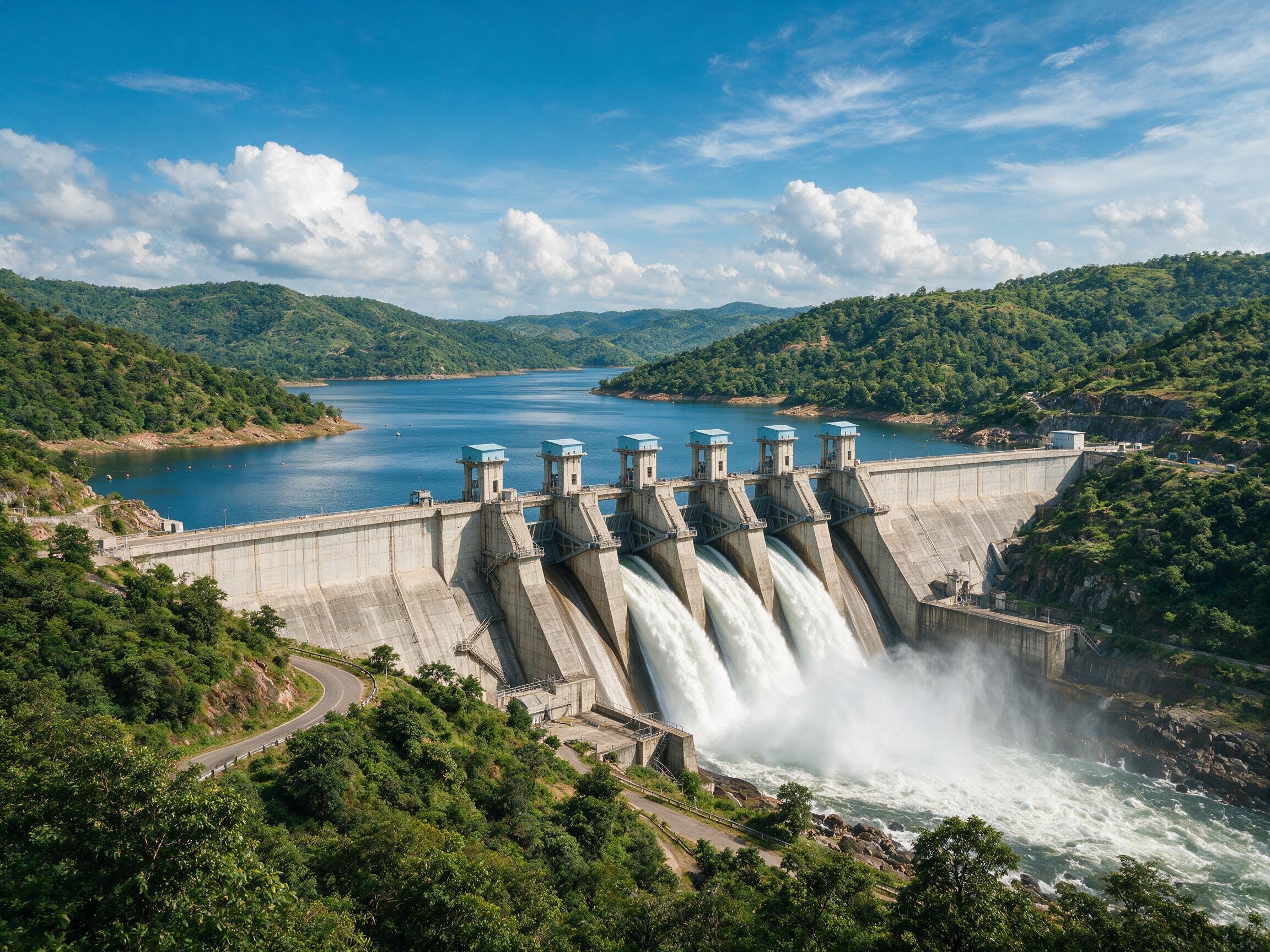 Ranjit Sagar Dam (Thein Dam) with water spillways and Shivalik hills